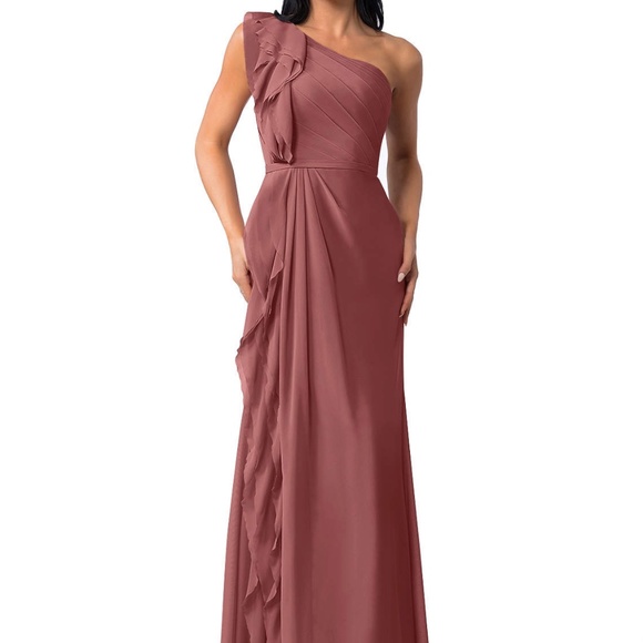 AZAZIE SHARON A-Line One Shoulder Chiffon Floor-Length Dress Amethyst - Picture 1 of 8